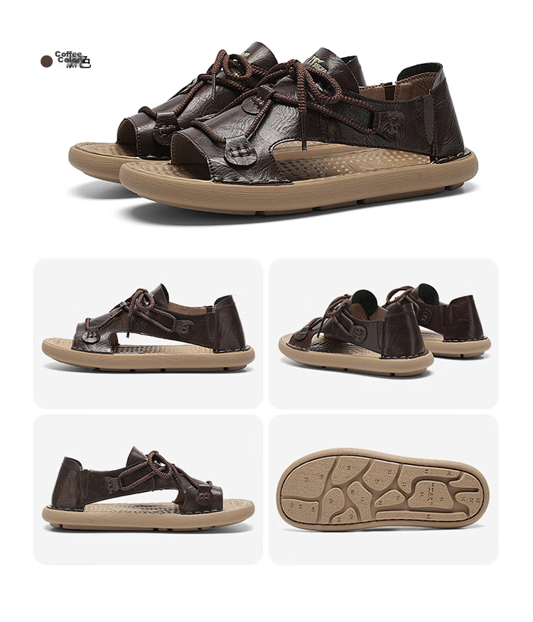 G.N.Shi Jia Leather Sandals for Men, Summer New Style Breathable Hollow Beach Shoes, Soft-Soled Outdoor Casual Slippers, Versatile Commuter Men's Shoes 14