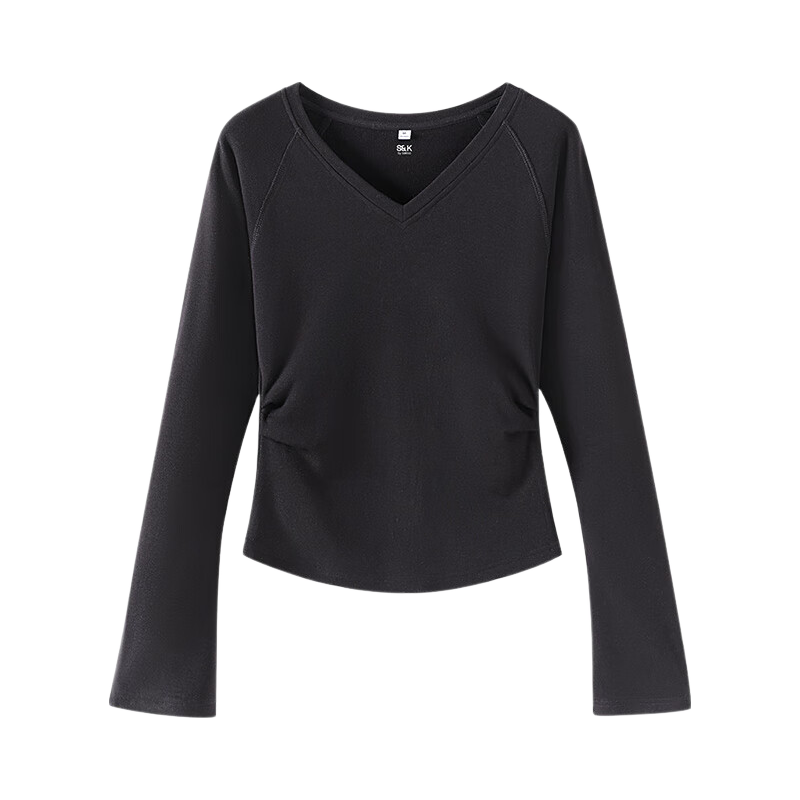Baleno V-Neck Slim Fit Pleated Long Sleeve T-Shirt for Women 2025 Autumn Winter New Soft Comfortable Brushed Warm Base Layer