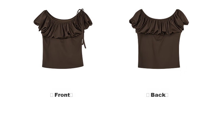 MT [Light French Girl] Summer Vintage Glossy Ice Silk Pleated Off-Shoulder Puff Sleeve Ribbon Women's T-Shirt 8
