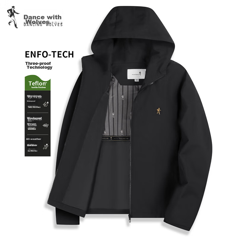 DANCING WOLVES DuPont 3-Protection Versatile Lightweight Outdoor Hooded Men's Jacket 001 Black 3XL (190)
