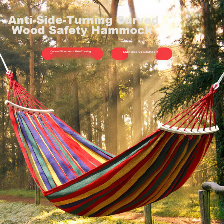 Yonglebao Double-Person Crescent-Shaped Anti-Rollover Hammock, Outdoor Camping Thickened And Widened Canvas Hammock with Curved Wood, Rainbow Color, 2-Piece Set 1