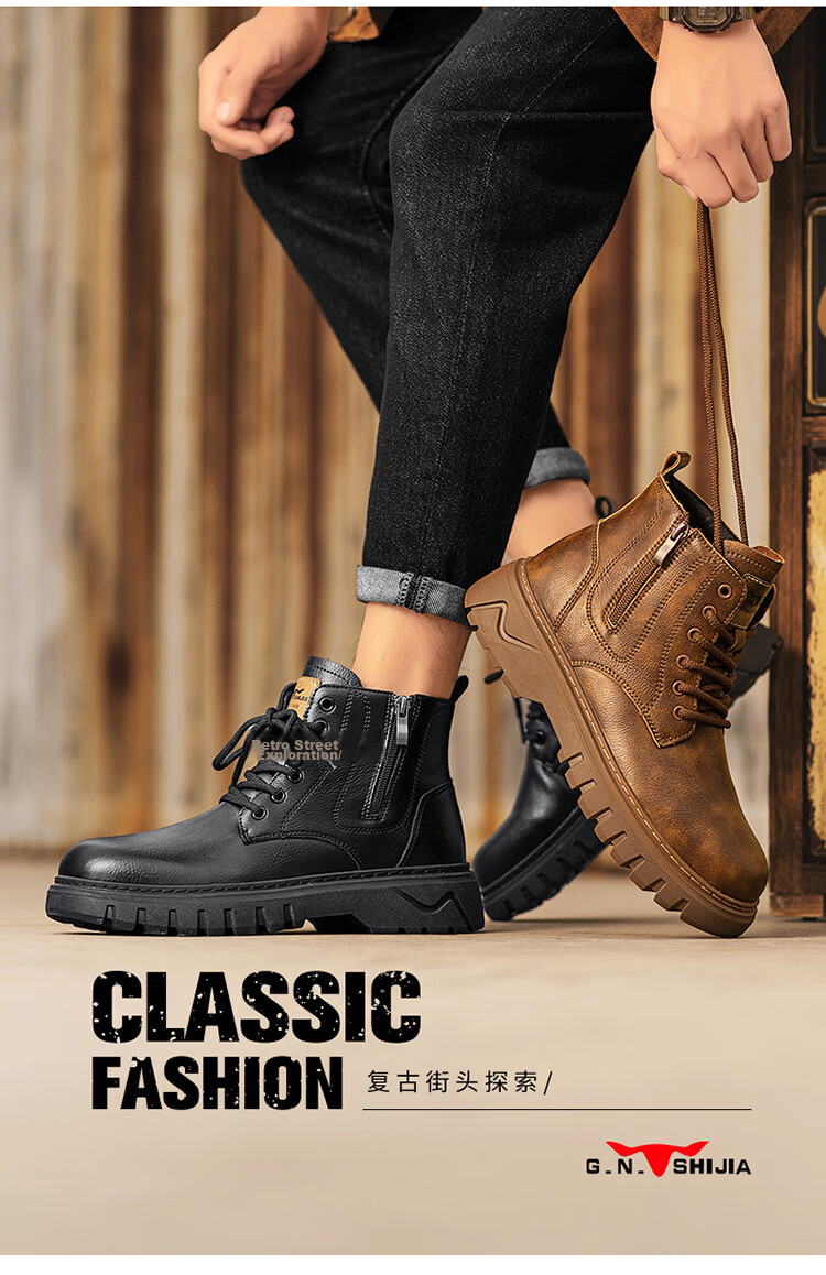 Bull Family Martin Boots Men 2026 Winter New British Style Retro Work Boots Thick Sole Durable Men's Motorcycle Boots 3