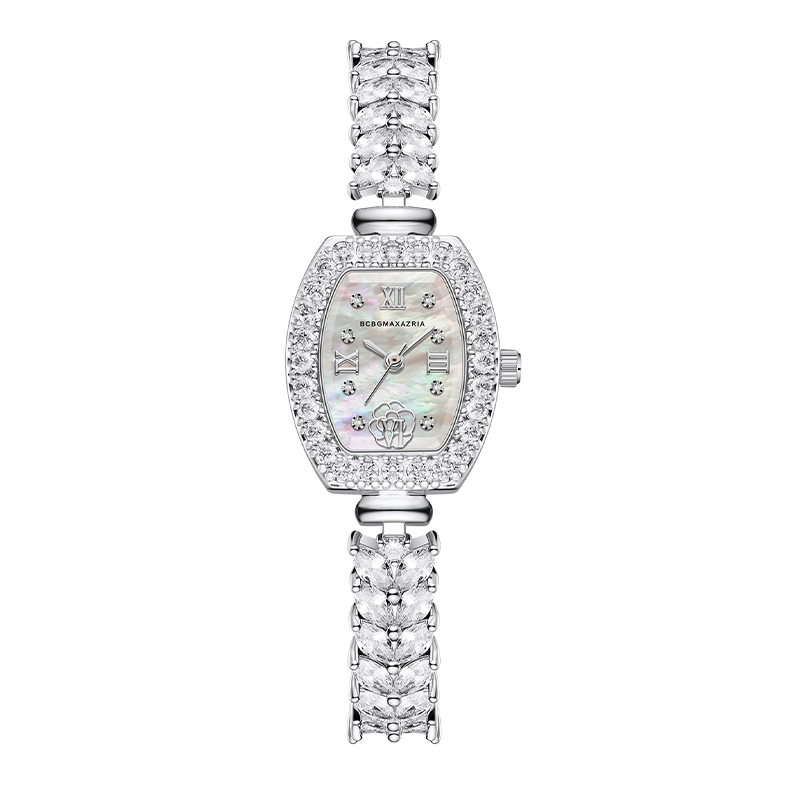 BCBG Full Rhinestone Barrel-Shaped Mermaid Women's Quartz Watch with Mother-of-Pearl Dial White Pearl White