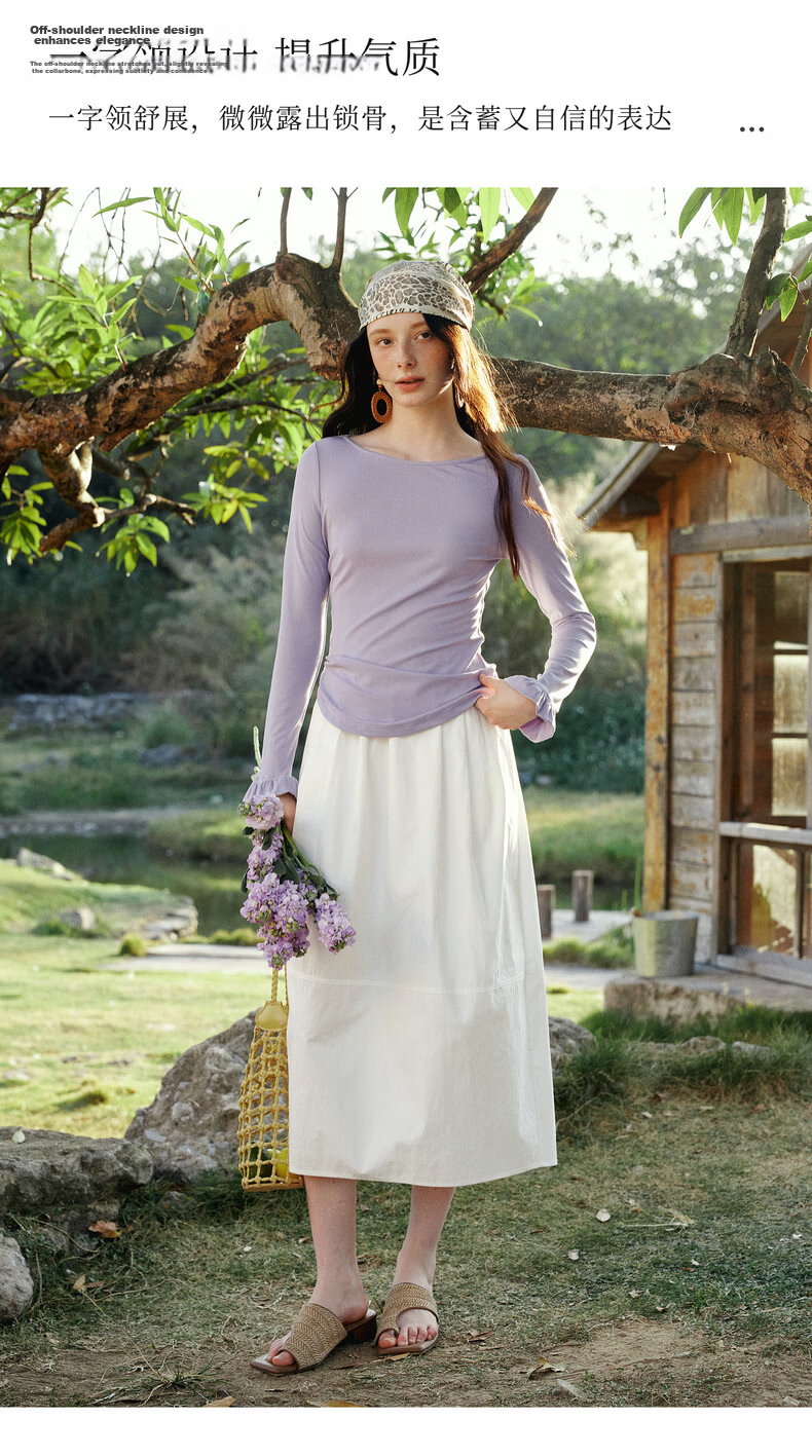 Olrain Eurielle French Style Off-Shoulder Top Women's Spring New Ruffled Slim Fit Long Sleeve T-Shirt Purple L 10