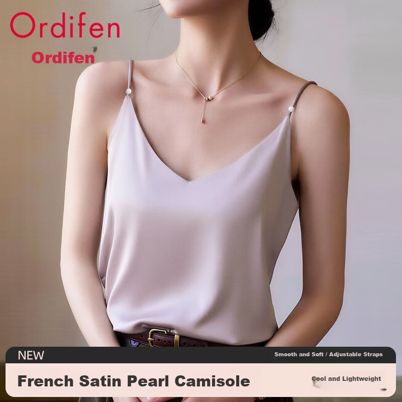 Audifine French Style V-Neck Pearl Strap Satin Sleeveless Loose Fit Tank Top Outerwear Light Gray M
