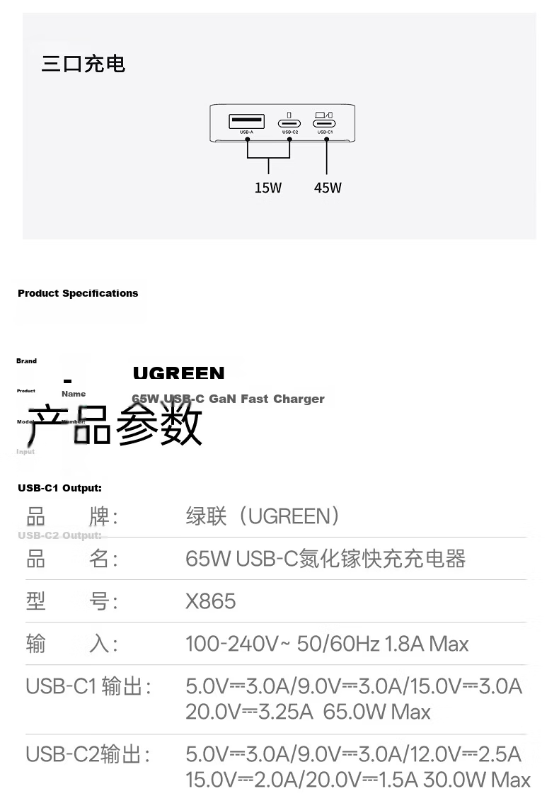 UGREEN Little Ice 65W GaN Charger PD Fast Charging Type-C Portable Biscuit Style for Apple 17, Samsung, Xiaomi, Huawei Phones, MacBook Pro Laptop 30