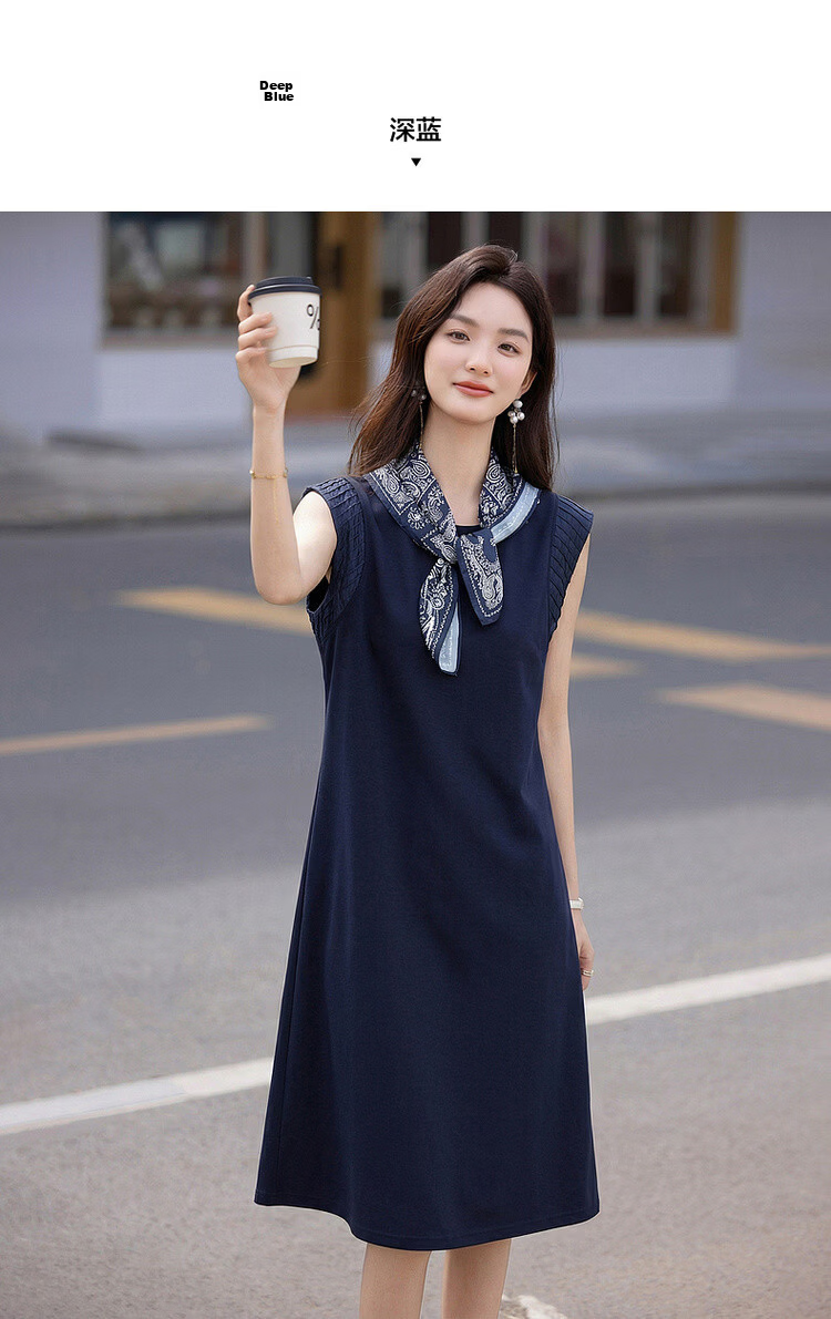 Demana Silent Breath Summer Elegant Urban Sleeveless Mid-Length Dress with Scarf and Pleated Round Neck Splicing 9