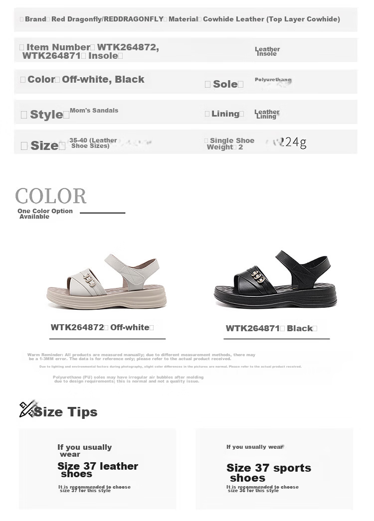 Red Dragonfly Women's Leather Velcro Sandals Thick Sole Soft Sole Lightweight Outdoor Casual Beach Shoes WTK264871 Black 39 10