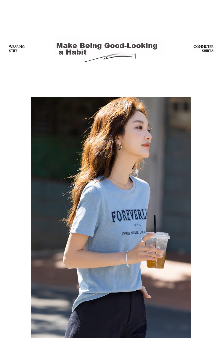 Demana [with Lyocell Cotton] Summer Simple Style Colorblock Letter Print Crew Neck Short Sleeve Comfortable Slim Fit Women's T-Shirt 16
