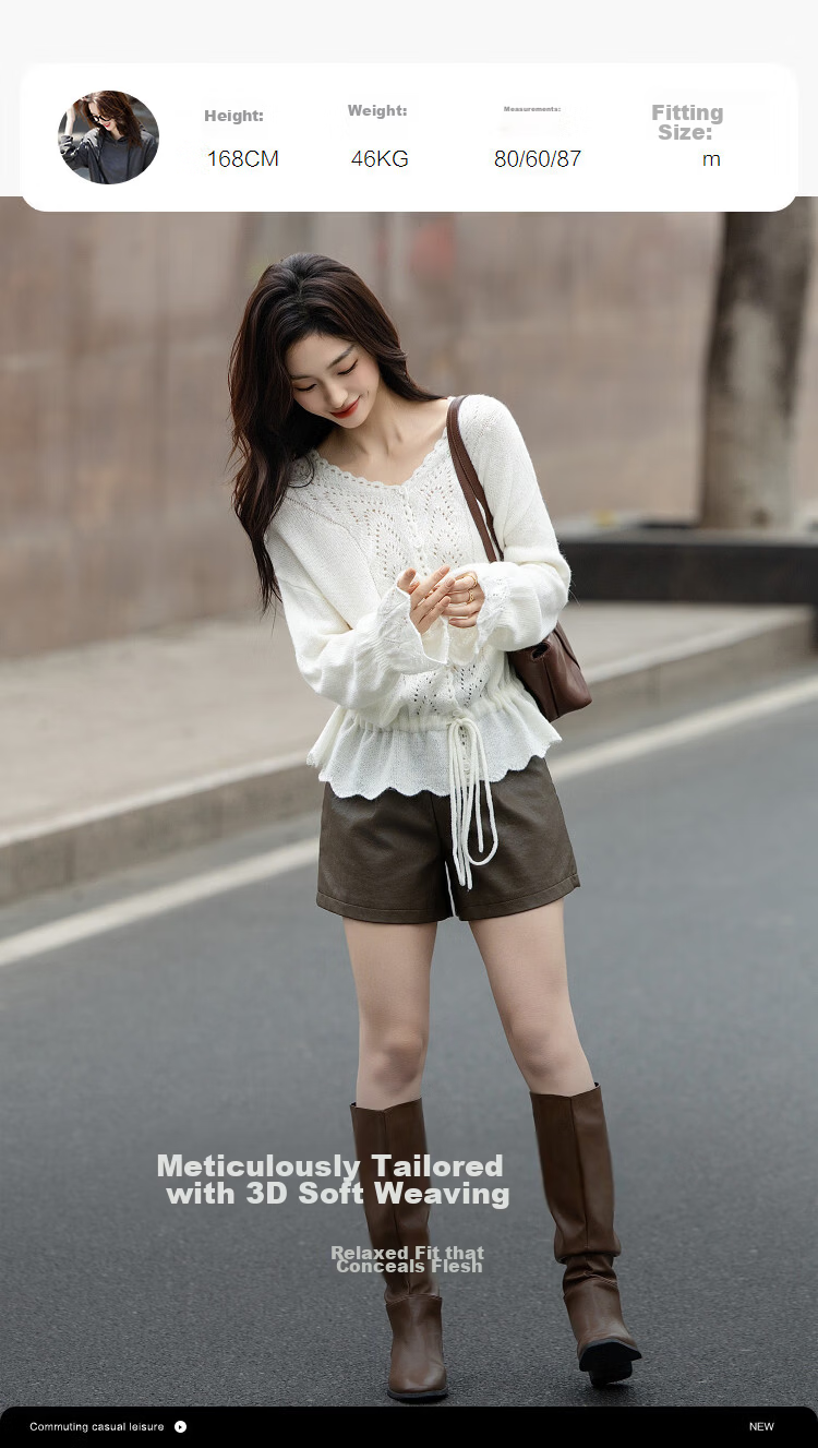 Demana Mohair Wool Blend Autumn V-Neck Hollow Jacquard Ruffle Drawstring Slim Knit Sweater for Women 9