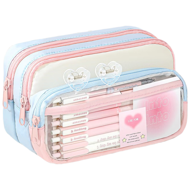 Meijiwan Dopamine Transparent Pencil Case Large Capacity Girls High-Value Ins Style Pencil Box Stationery Supplies Middle and High School Color Block Splicing Simple Storage Bag Value 133-Piece Set