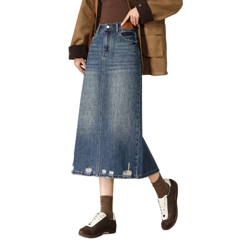TonLion 2025 Autumn Winter Women's Casual Commuter Denim Midi Skirt