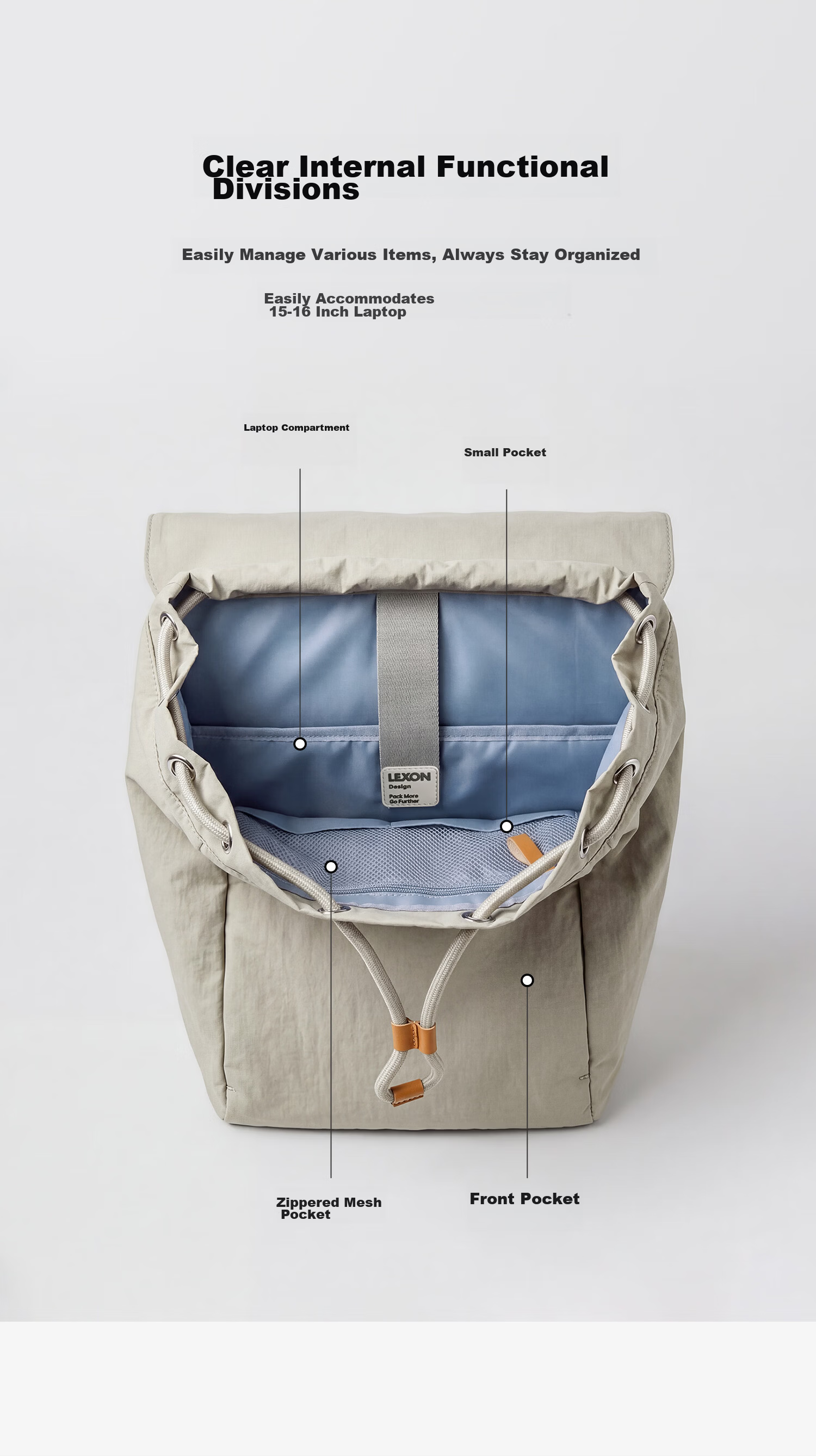 LEXON Outdoor Backpack Large Capacity Travel Bag for Men and Women Student School Bag 16-inch Laptop Bag Casual Versatile 11