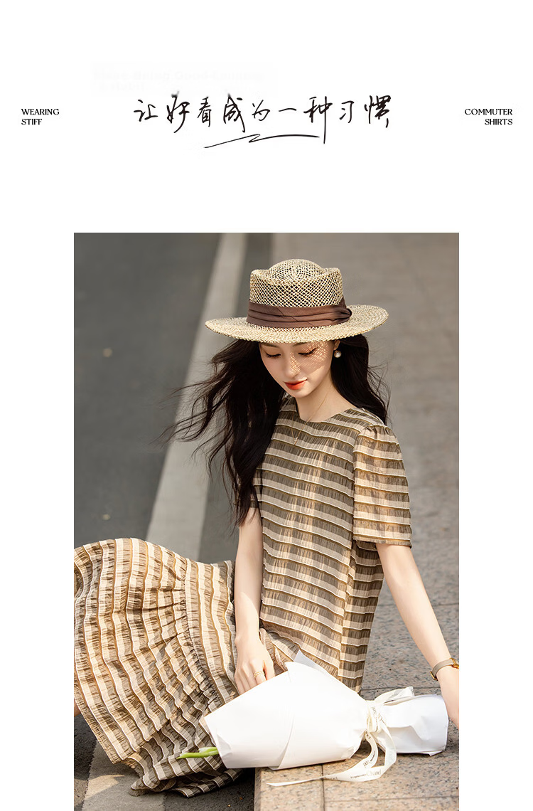 Demana [Lyocell] Summer Vintage Wrinkled Striped Ruffle Loose Slimming Concealing Dress for Women High-End Feel 13