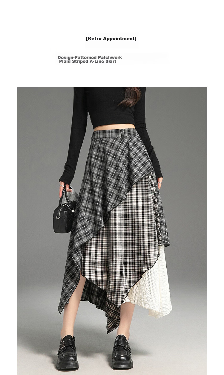 Demana Vintage Date Autumn Design Patchwork Plaid Striped A-Line Slimming Concealment High-End Women's Skirt 5