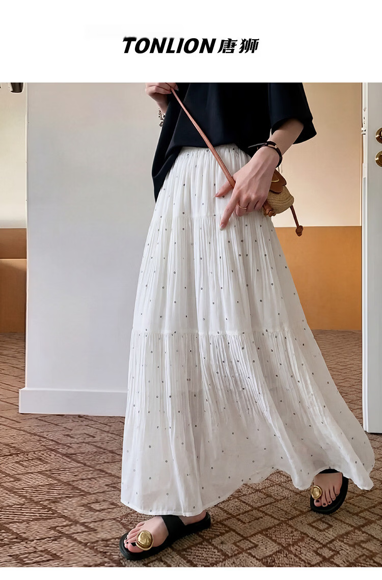 TonLion 2026 Spring Summer Women's Pleated Polka Dot Midi Skirt Gentle Fashion Half Skirt Korean Simple Casual Mid-Length Skirt 1