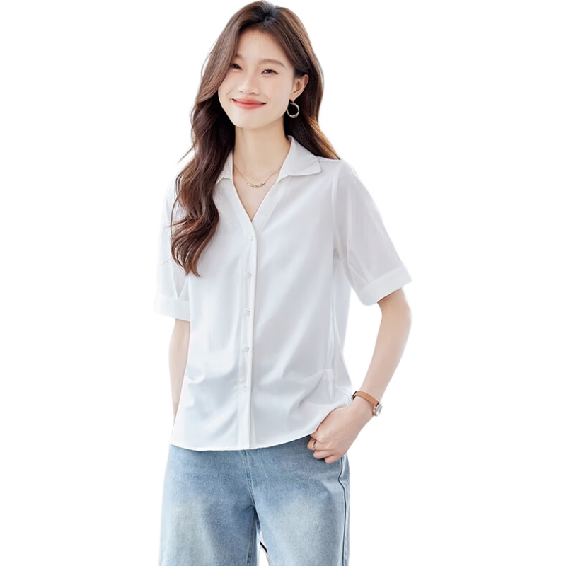Jeanswest Women's Short Sleeve Shirt Summer Lapel V-Neck Lightweight Loose White L