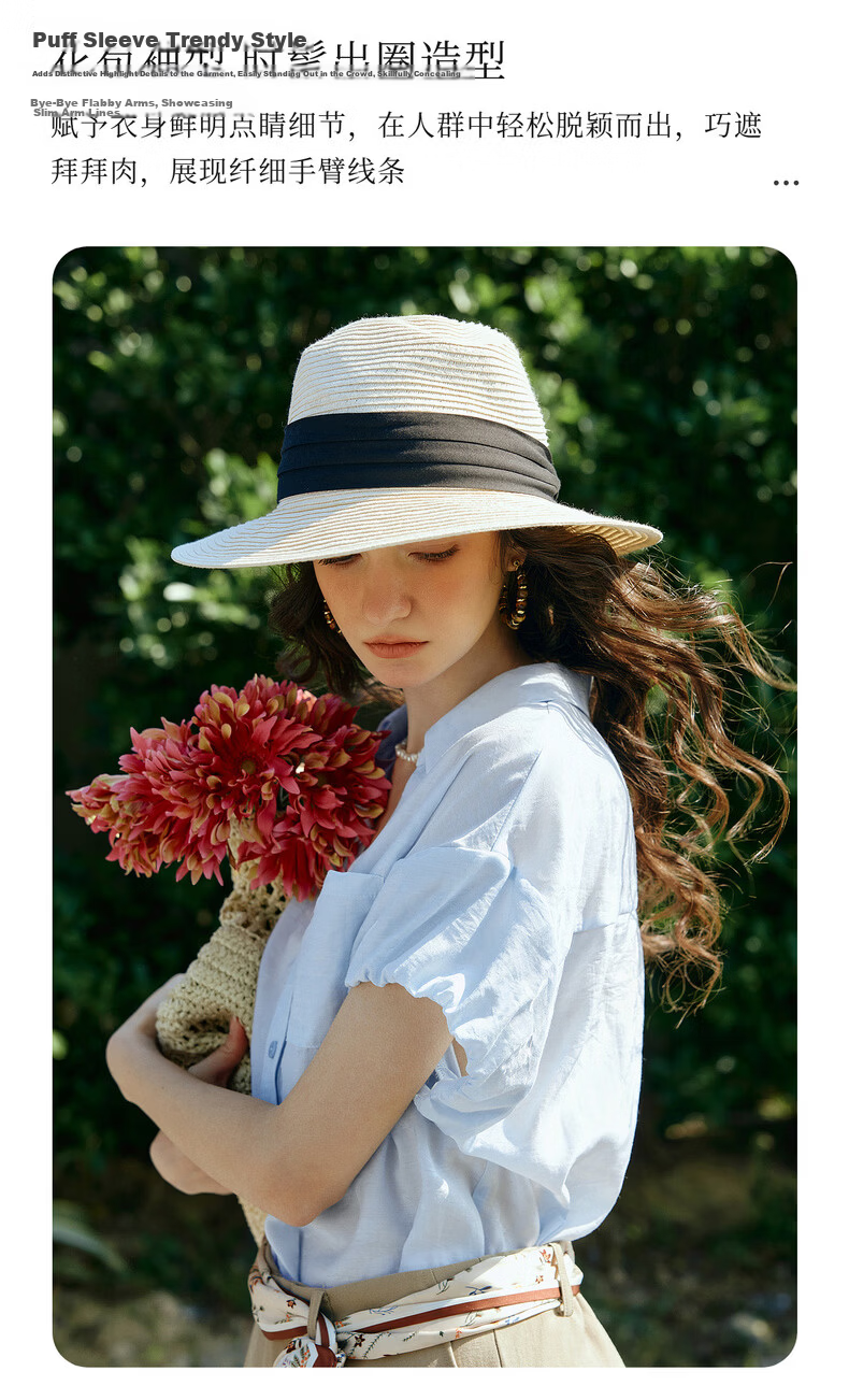 Olrain Eurier Summer New Tencel Puff Sleeve V-Neck Short Sleeve Shirt Women Loose Commuting Top Blue S 4