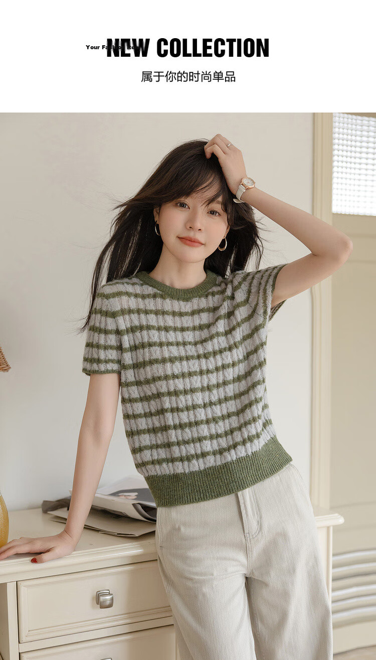 MT [Sen Ye Xian Zong] Spring Vintage Wool Blend Colorblock Striped Soft Short Sleeve Knit Top for Women 1