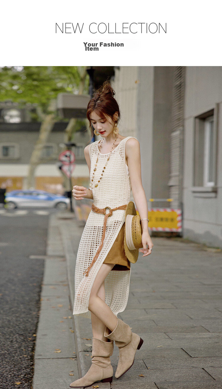 MT Breathable Knit Spring French Vacation Style Hollow Out Sleeveless Side-Slit Mid-Length Women's Dress 1