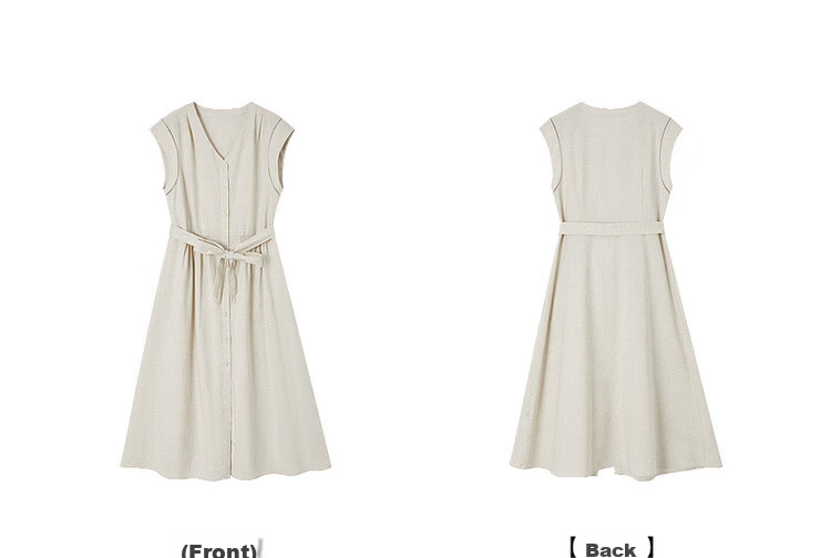 Demana [With Linen Cotton] Summer Commuter Style Lace Splice Cap Sleeve V-Neck Waist Cinched A-Line Mid-Length Dress for Women 23