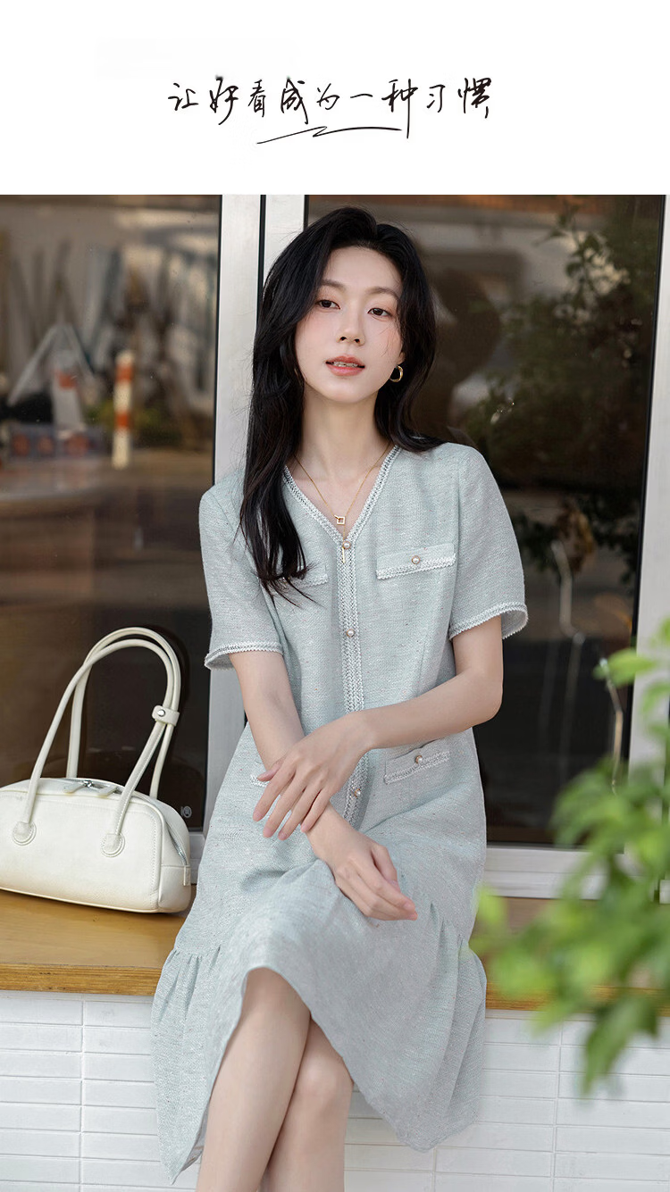 Demana Urban Socialite Summer Tweed V-Neck Fake Pocket Ribbon Slimming Concealing Dress for Women Premium 1