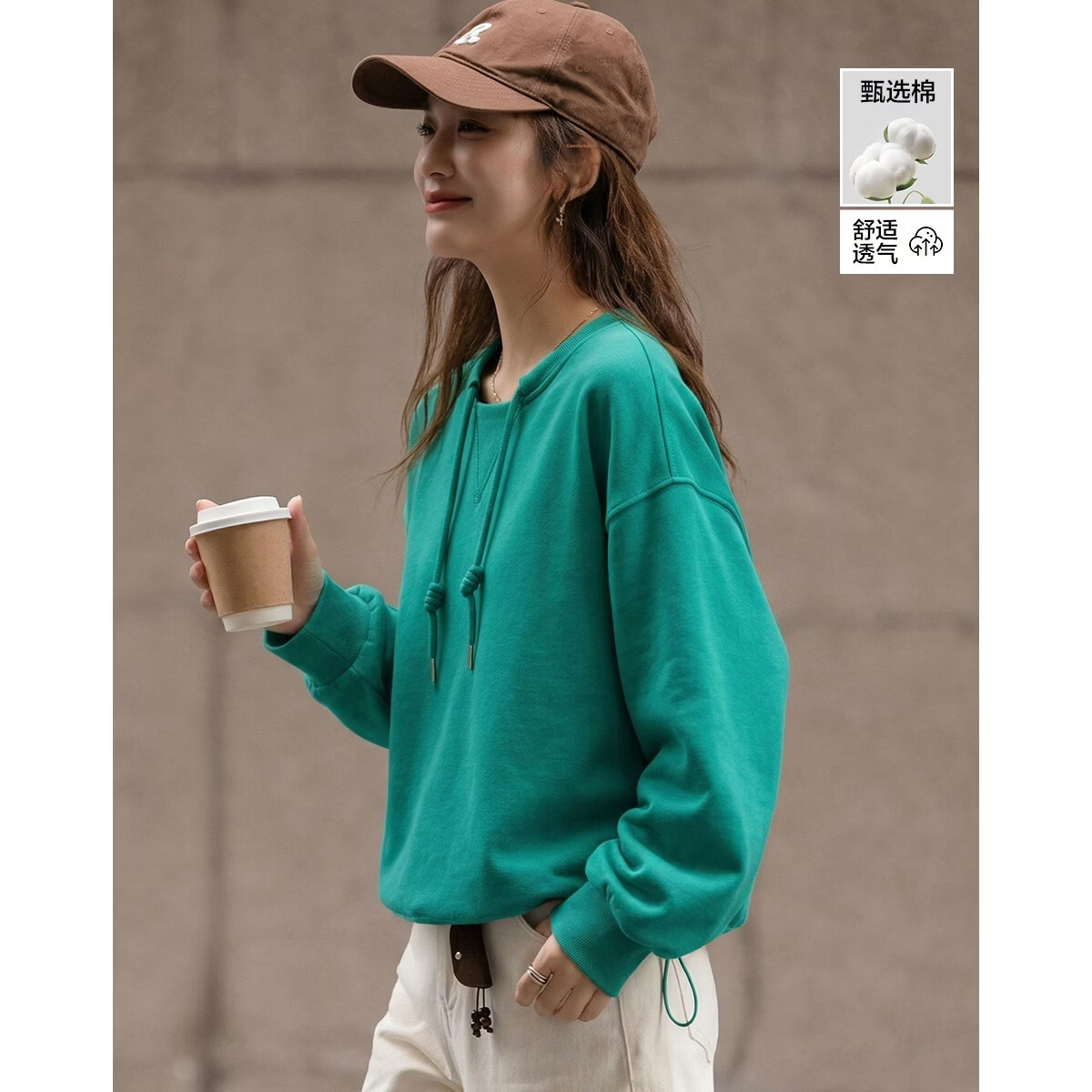 Demana [Cloud Oxygen Cotton Series] Spring Lightweight Youth Style Crewneck Hoodie with Drawstring Handmade Knot Drop Shoulder Slim Fit Women's Sweatshirt Premium Feel