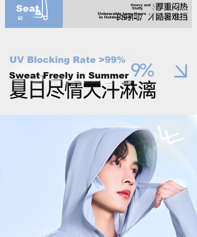 MINISO Ice Silk Hooded Sun Protection Jacket for Men, Cool and Breathable Lightweight Skin Jacket, Outdoor High SPF Sun Protection, Z Ice Blue, 3XL 5