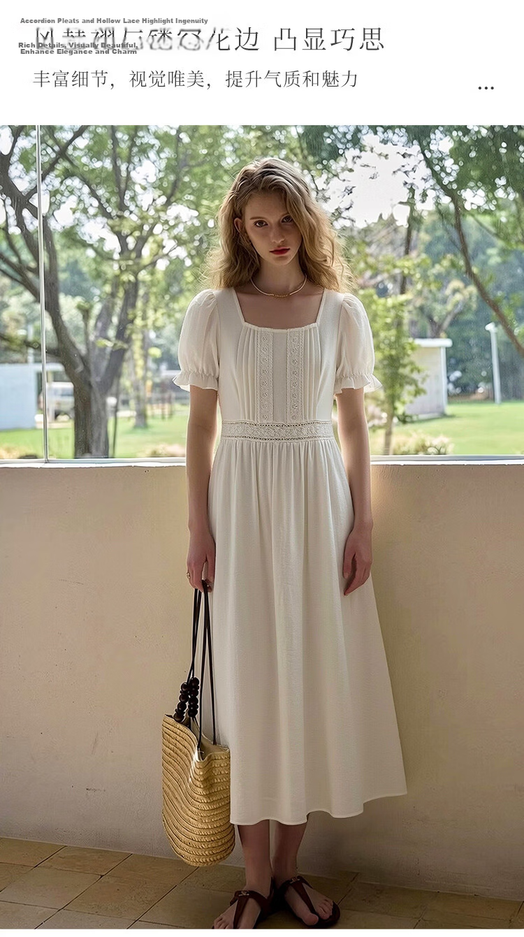 Olrain Lace Short Sleeve Square Neck Dress Summer Women's French Country Mid-Length Dress Off-White M 9