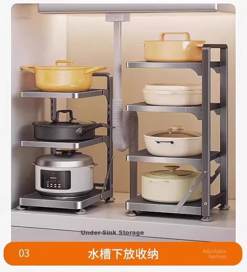YOUQIN Kitchen Cookware Storage Rack Multi-layer Shelf Cabinet Under Sink Countertop Multifunctional Pot Rack 18