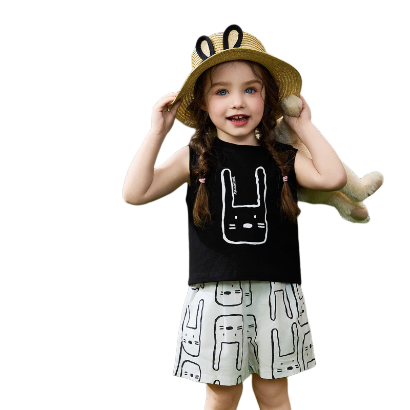 ASK JUNIOR [Instant Cool Feeling] Children's Summer Set: Sleeveless Vest T-Shirt, Shorts, Casual Pants Two-Piece Girls' Outfit