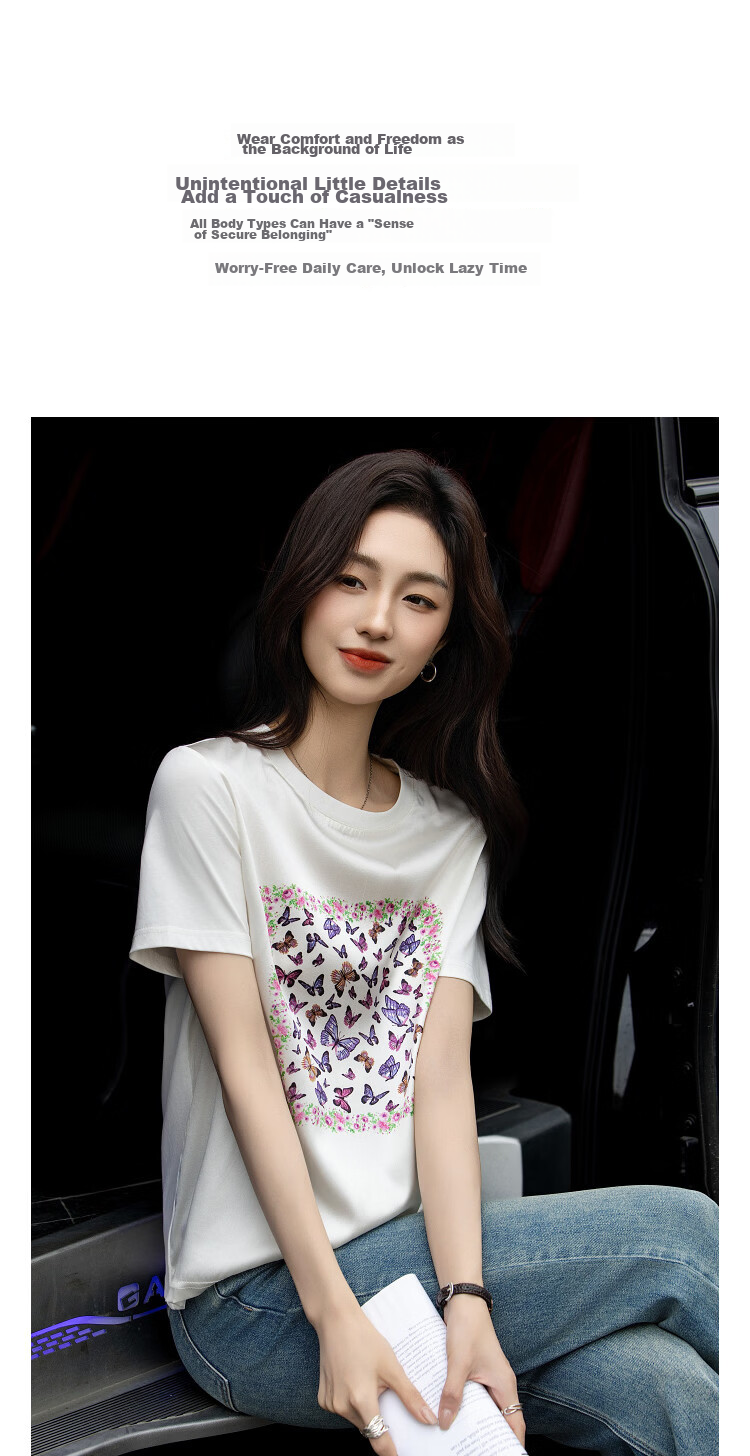 Demana [Cooling Black Technology] Summer Sorona Spliced Mulberry Silk Hand-Painted Print Slimming Concealing T-Shirt for Women Premium 5