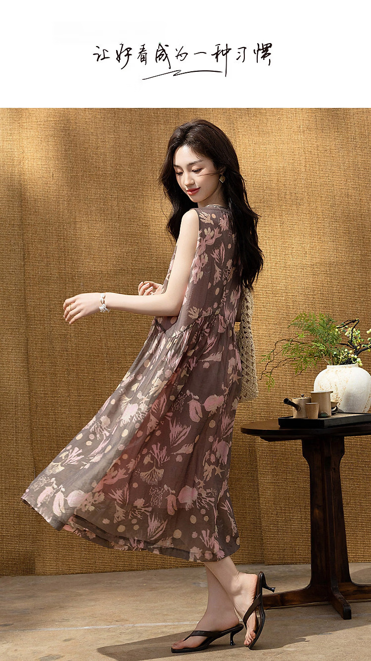 Demana Smooth Tencel Summer Elegant Commuter Pleated Round Neck Sleeveless A-Line Slim Dress for Women Premium Feel 1