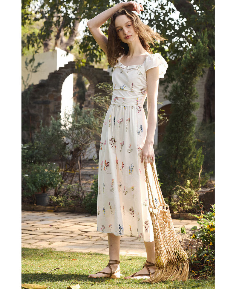 Olrain Women's Summer New Square Neck Puff Sleeve Floral Heavy Embroidery Waist Dress Colorful XL 10