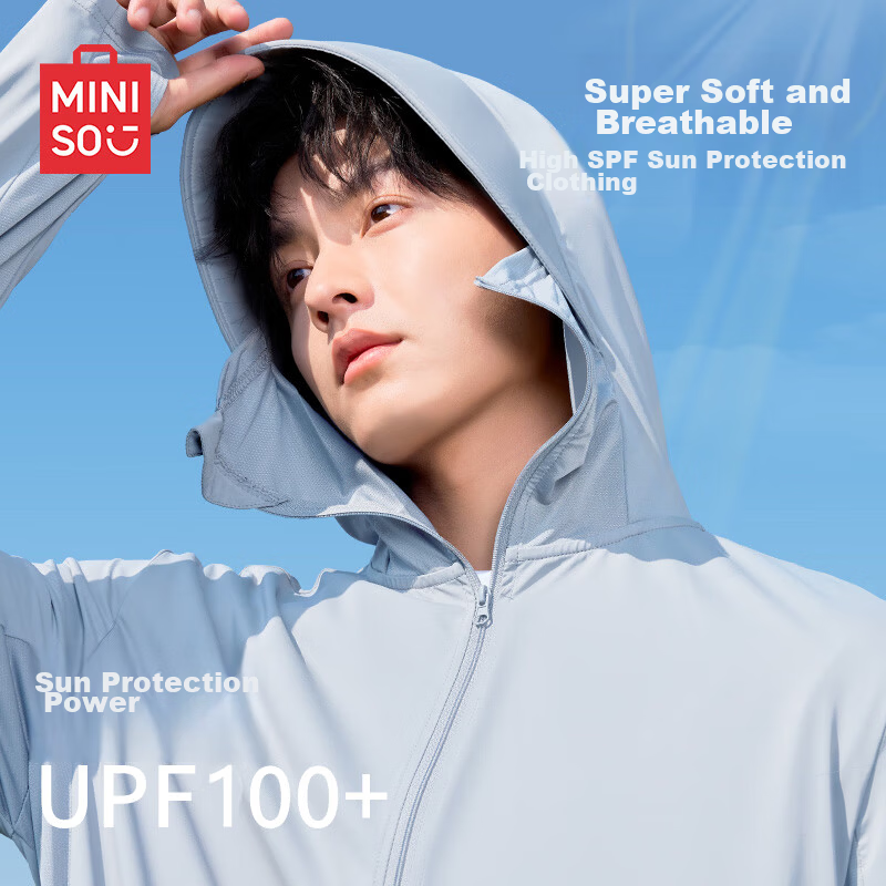 MINISO Men's UV Protection Sunscreen Jacket Ice Silk Hooded Outdoor Fishing Cycling Breathable Lightweight Sun Protection Coat Z Ice Blue 2XL