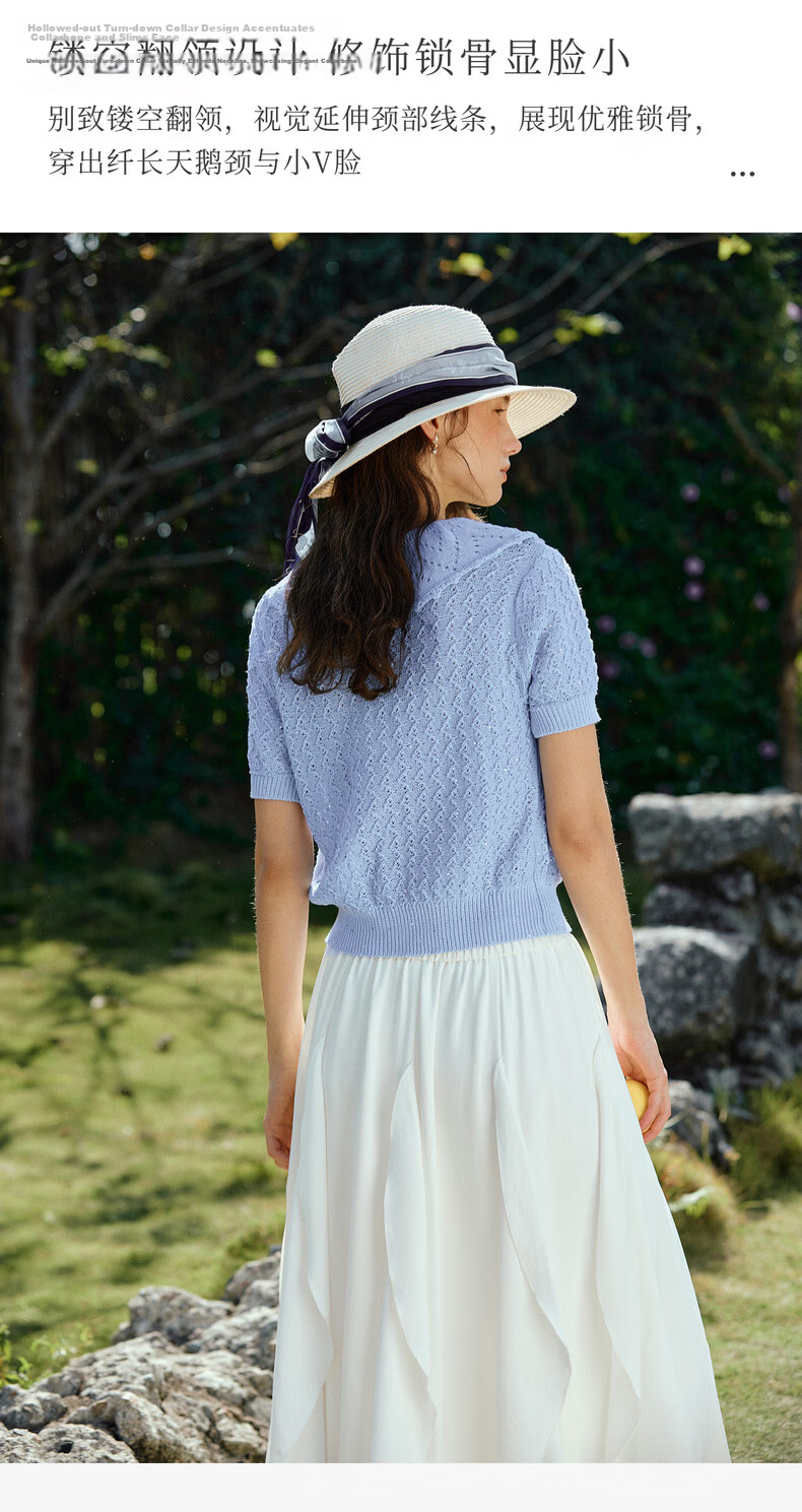 Olrain French Style New Summer Hollow Out Lapel Elegant Short Sleeve Knit Cardigan Top for Women Blue L 10