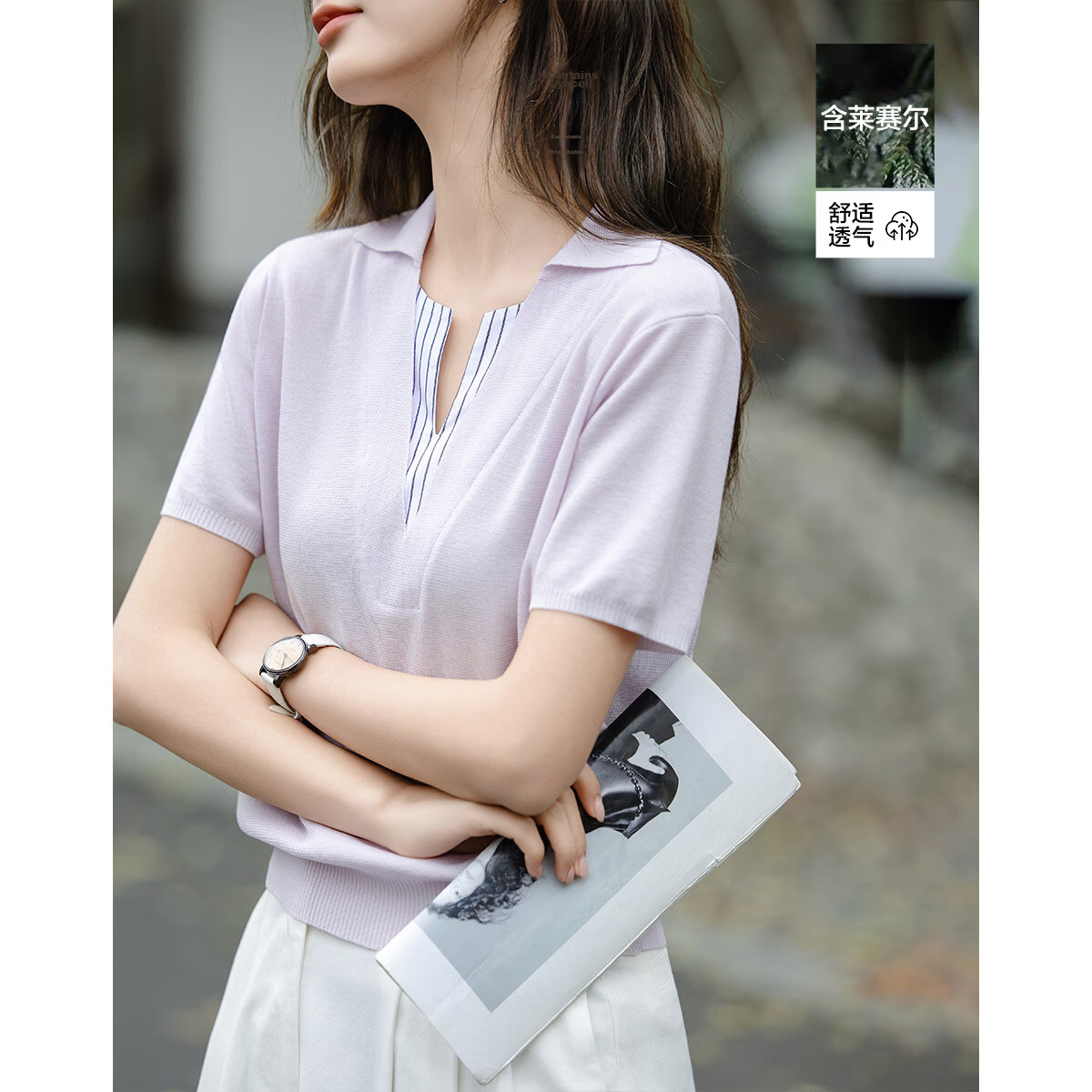 Demana [Light Oxygen Lyocell] Summer Simple Style V-Neck Striped Slim Knit Top for Women Premium Feel