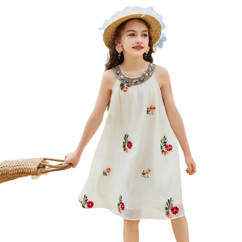 ASK JUNIOR Girls Summer Dress Lightweight Embroidered Sleeveless Dress Beach Vacation Children's Dress White