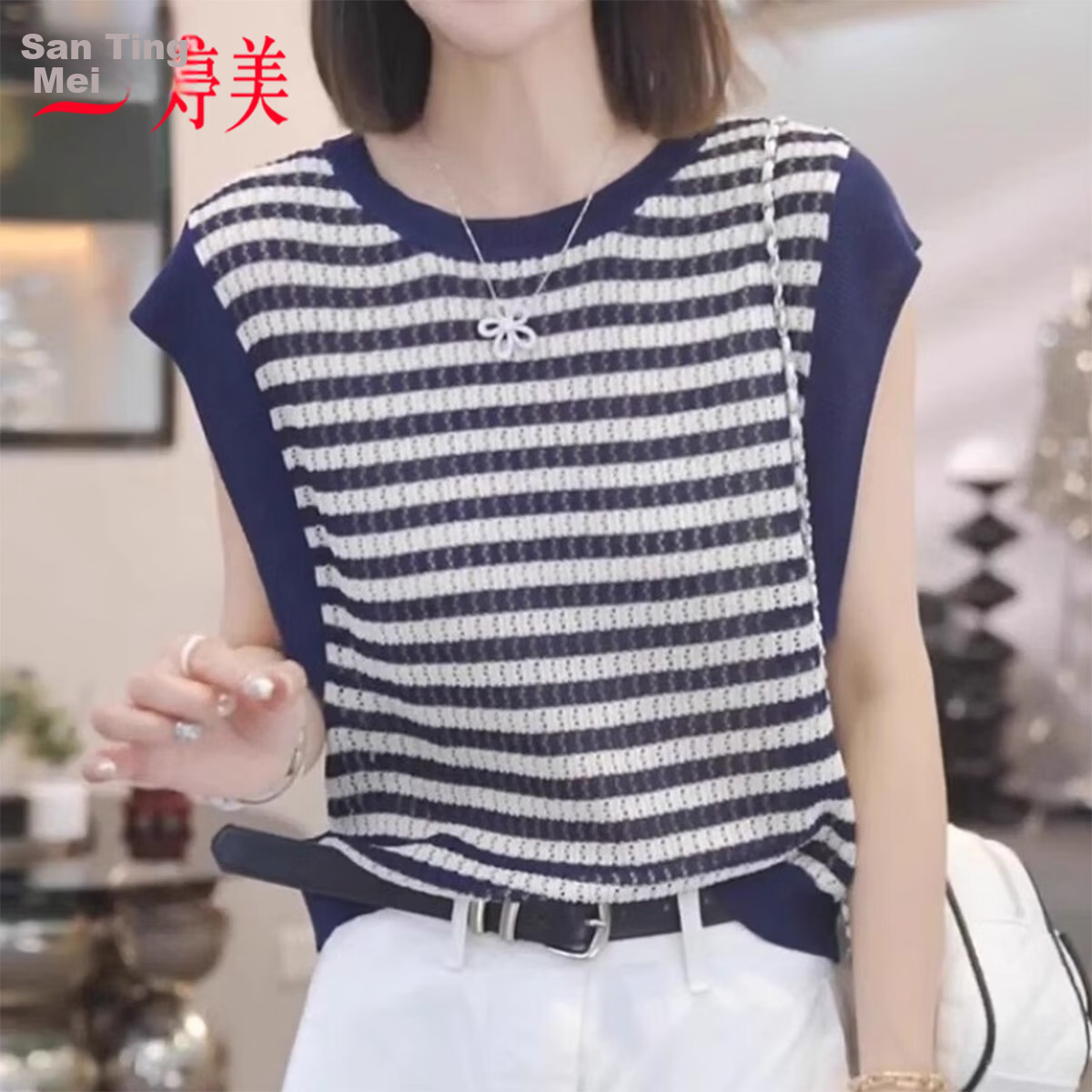 Tingmei Summer Lightweight Ice Silk Knit Vest Women Loose Korean Slim Fit Versatile Sleeveless Striped Fashion Top Innerwear