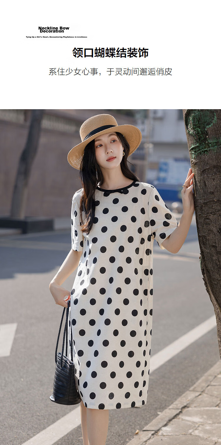 Demana [with Flax Cloud Oxygen Cotton] Summer Bowknot Decor Round Neck Polka Dot Print Loose Dress for Women Premium Quality 6