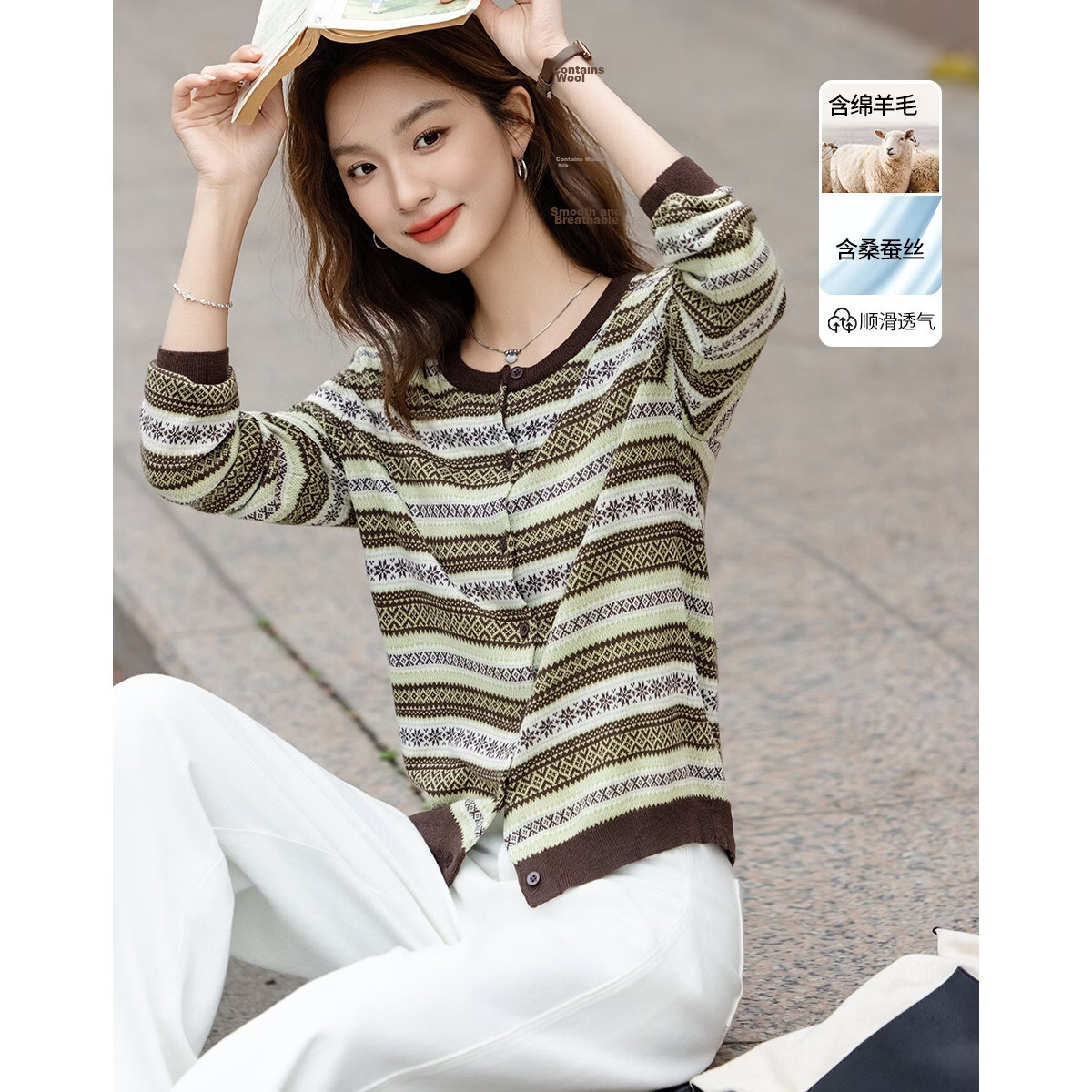 Demana【With Mulberry Silk/Wool】Autumn Vintage Colorblock Jacquard Slim Fit Knit Cardigan for Women Premium