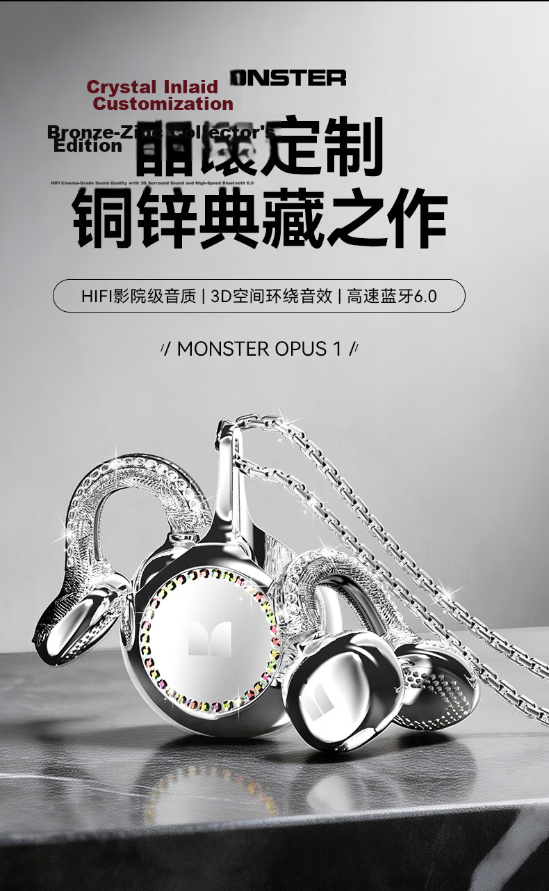 Monster Opus 1 Jewelry Earphones Flat Ear Design Zinc Alloy Diamond Plated Self-Developed Planar Speaker ENC HD Call Silver 1