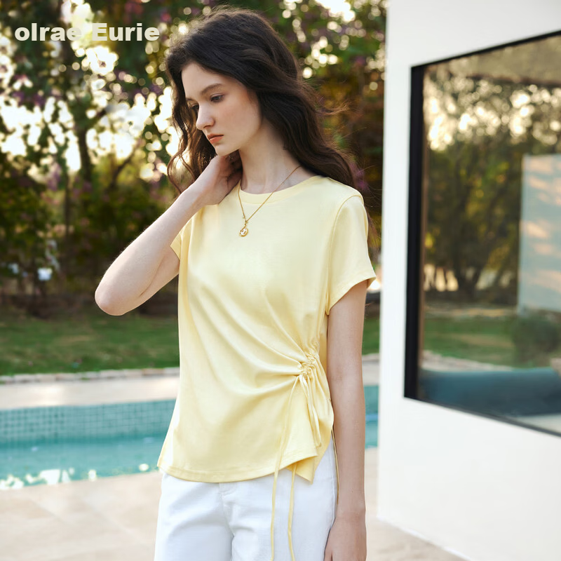 Olrain European Style Summer New French Drawstring Waist Slim Fit Short Sleeve T-Shirt Women Solid Color Versatile Top Yellow L