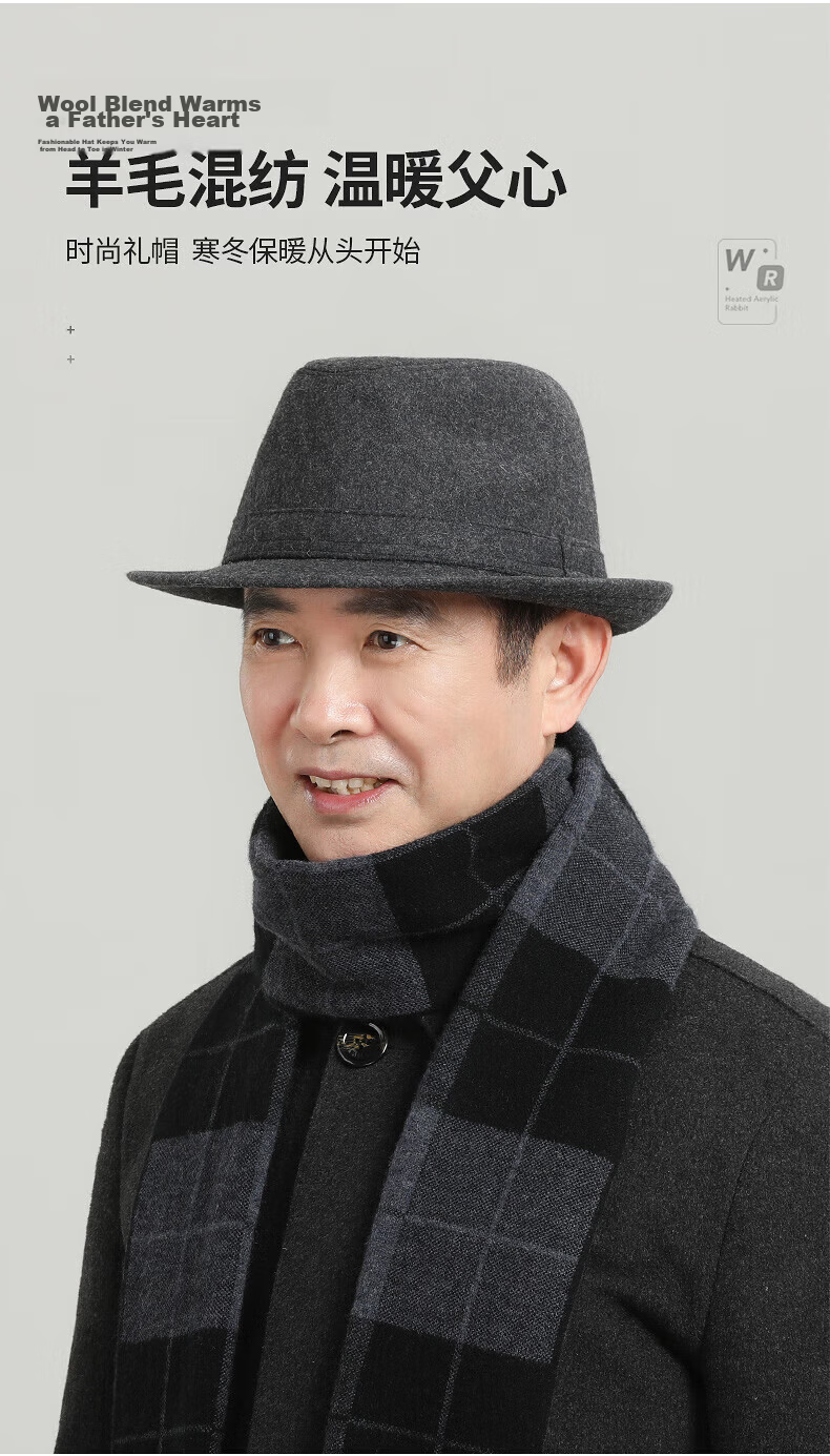 Hengyuanxiang Men's Middle-aged and Elderly Wool Felt Fedora Hat Vintage Spring Autumn Gentleman Hat Black 2