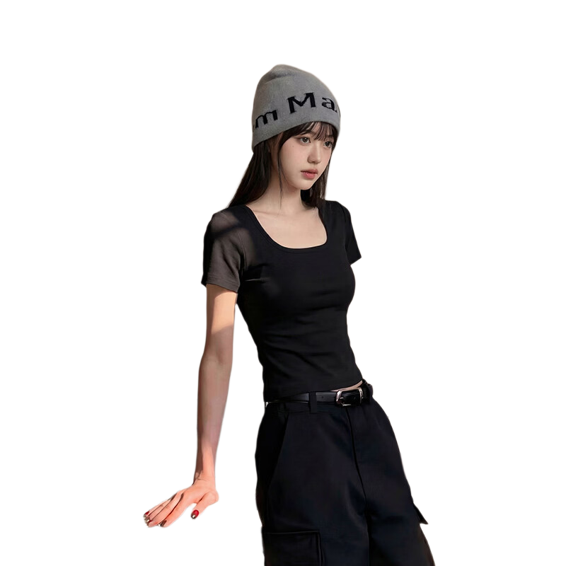 TonLion Women's Short Sleeve Square Neck Slim Fit Shoulder T-Shirt Summer New Short Top for Petite Women