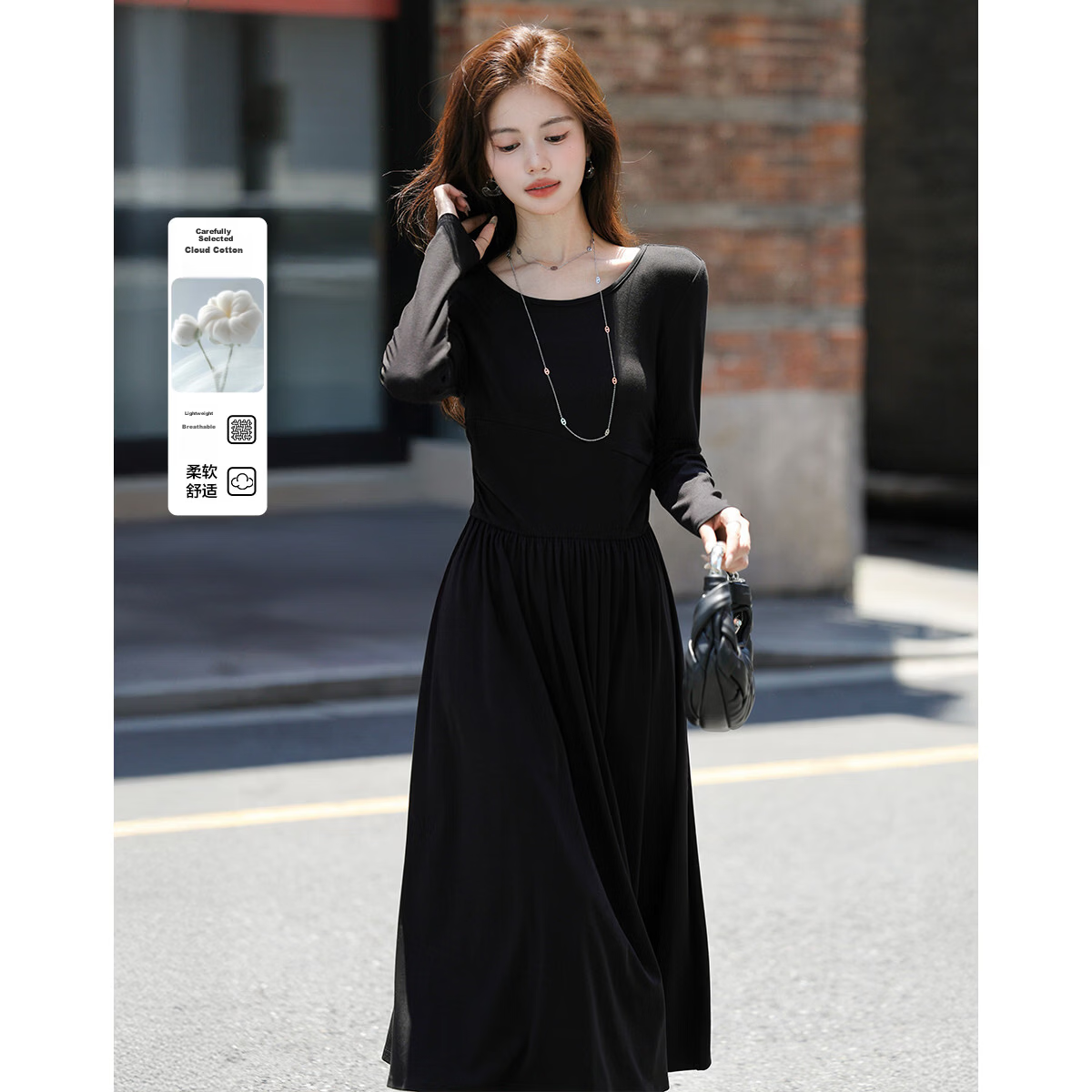 Mt Hepburn Retro French Spring Cloud Cotton Elastic Waist Petite Knit Long Dress for Women