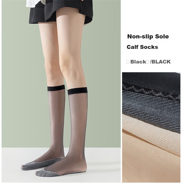 Langsha Women's Spring Summer Ultra-thin Anti-run Silk Durable Cotton Sole Non-slip Sweat-absorbent Black and Nude Calf Stockings 16