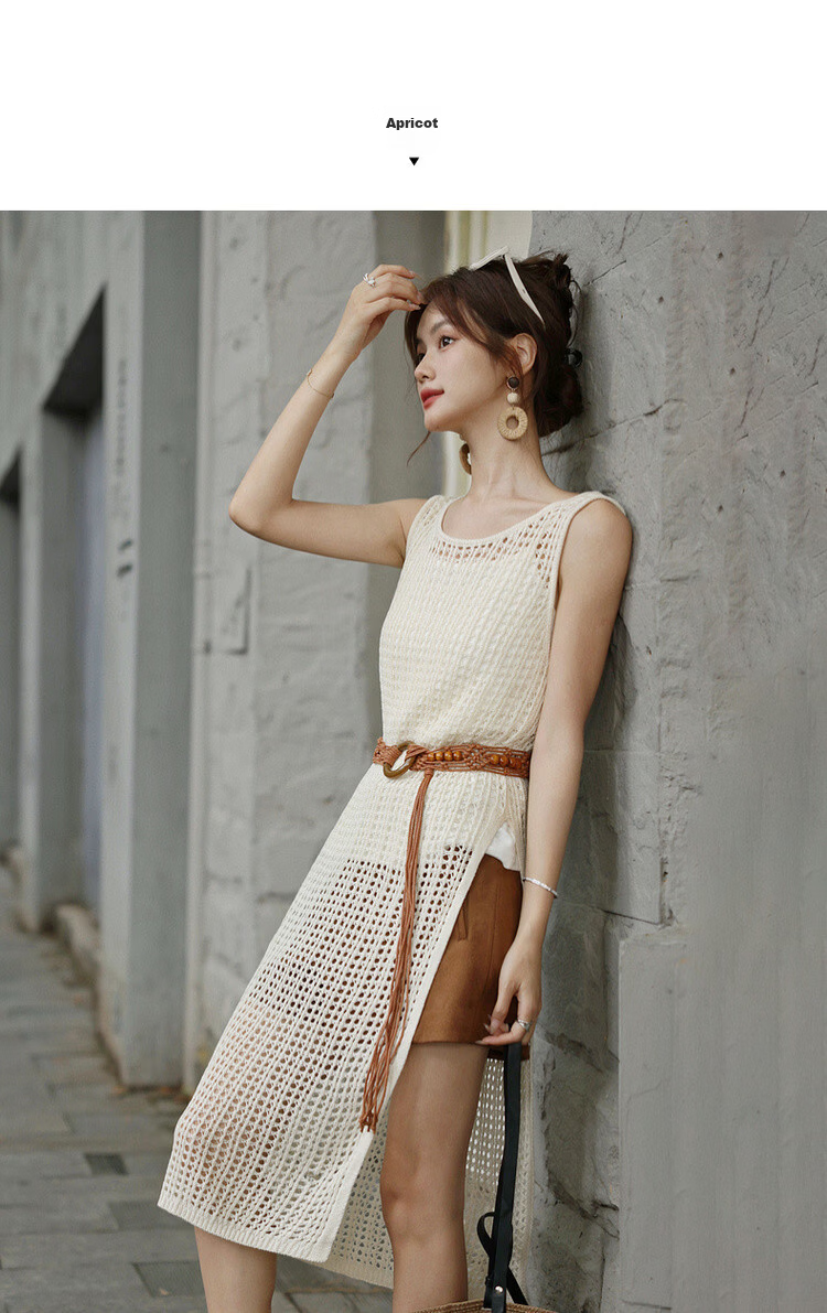 MT Breathable Knit Spring French Vacation Style Hollow Out Sleeveless Side-Slit Mid-Length Women's Dress 9