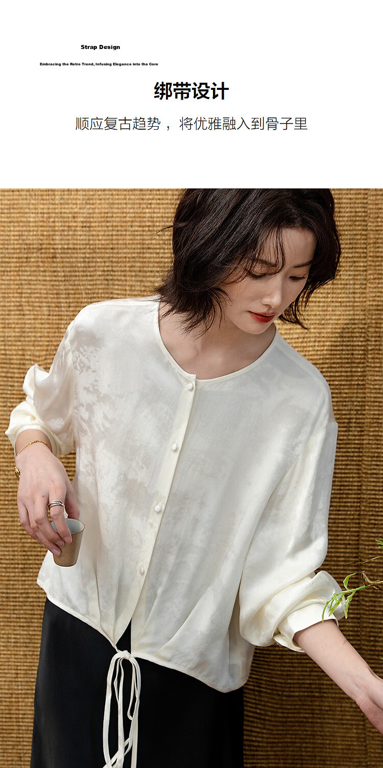 Demana [Moonlit Sea Glow] Spring National Style New Chinese Round Neck Jacquard Top Tie Loose Petite Women's Shirt 7