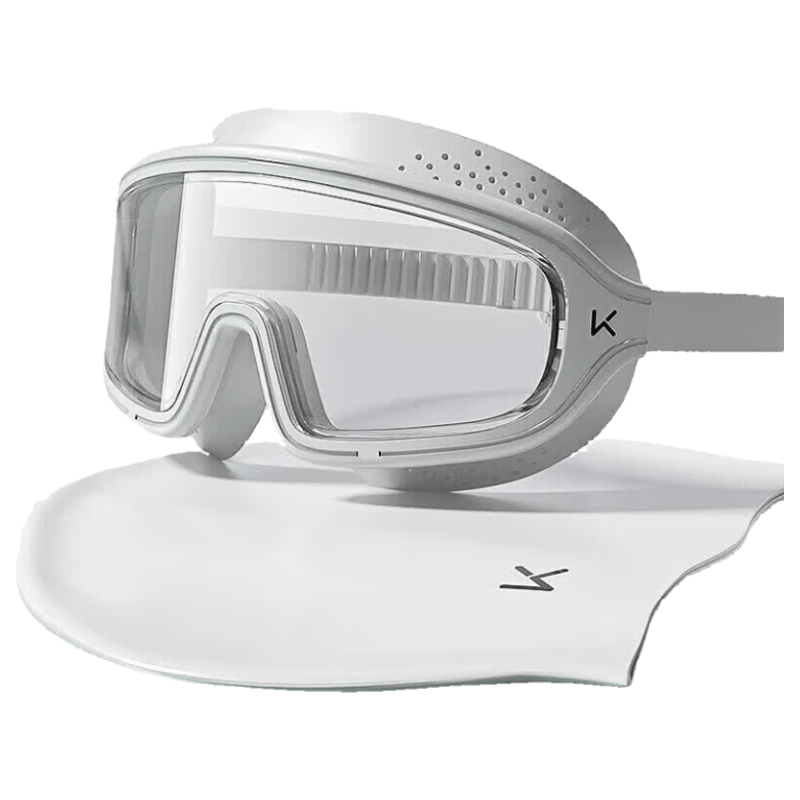 Keep Swimming Goggles for Men And Women, Large Frame Waterproof Anti-Fog High-Definition Swim Glasses, Non-Prescription Professional Training Swim Cap Set, Pure White